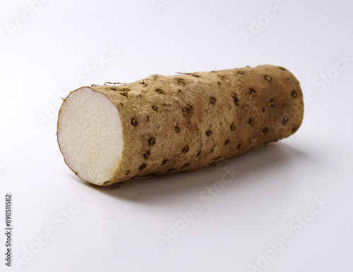 Close-up of a cut raw Chinese yam(Dioscorea polystachya) root with section on white floor, South Korea
 photo