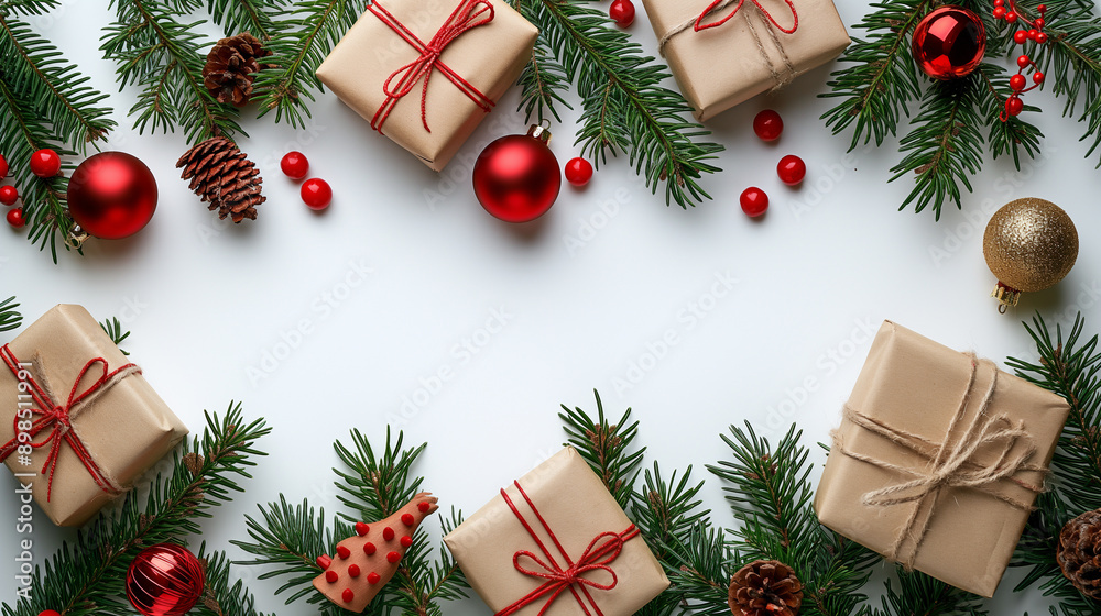 Christmas composition on white background. Christmas, winter, new year concept. Flat lay, top view, copy space Christmas composition on white background. Christmas, winter, new year concept. Flat lay, top view, copy space