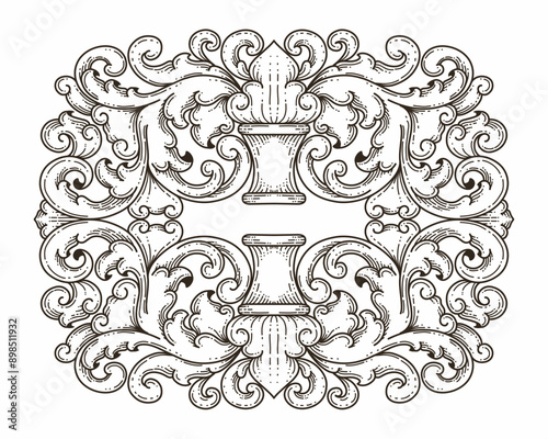Isolated ornamental design. Ornamental elements for your designs. Black and white colors. Floral carving decoration for postcards, invitations, social media or wedding.