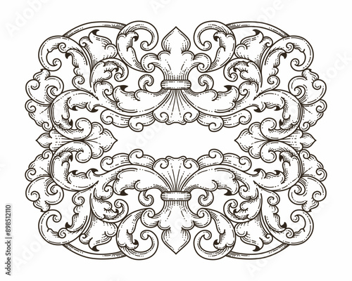 Isolated ornamental design. Ornamental elements for your designs. Black and white colors. Floral carving decoration for postcards, invitations, social media or wedding.