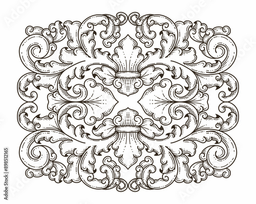 Isolated ornamental design. Ornamental elements for your designs. Black and white colors. Floral carving decoration for postcards, invitations, social media or wedding.