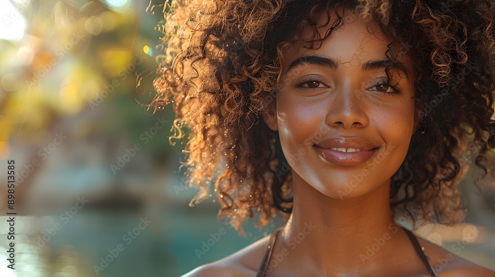 A young woman with curly hair smiling confidently at the camera, with a serene outdoor background and warm sunlight, Ideal for lifestyle, beauty, and wellness-related promotions, A young woman with curly hair smiling confidently at the camera, with a serene outdoor background and warm sunlight, Ideal for lifestyle, beauty, and wellness-related promotions,