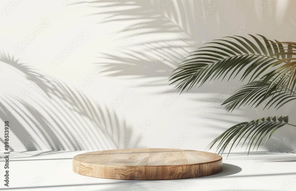 Obraz premium Round Wooden Podium With Palm Leaf Shadows on White Wall