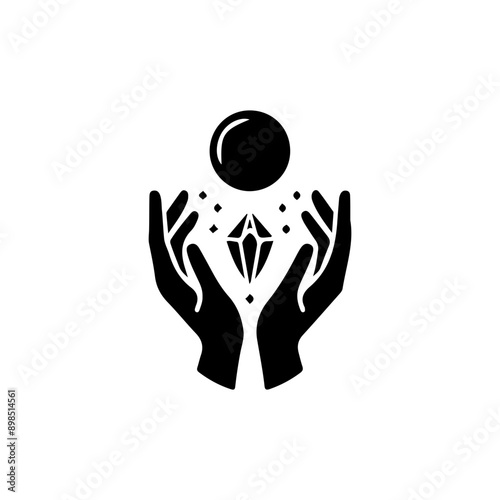 Magic crystal gem with crescent moon and stars in witch hands of fortune teller line art and dot work. Boho chic tattoo, poster or altar veil print design vector illustration