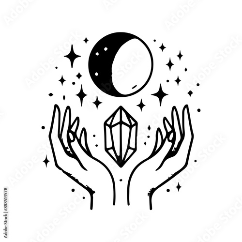 Magic crystal gem with crescent moon and stars in witch hands of fortune teller line art and dot work. Boho chic tattoo, poster or altar veil print design vector illustration