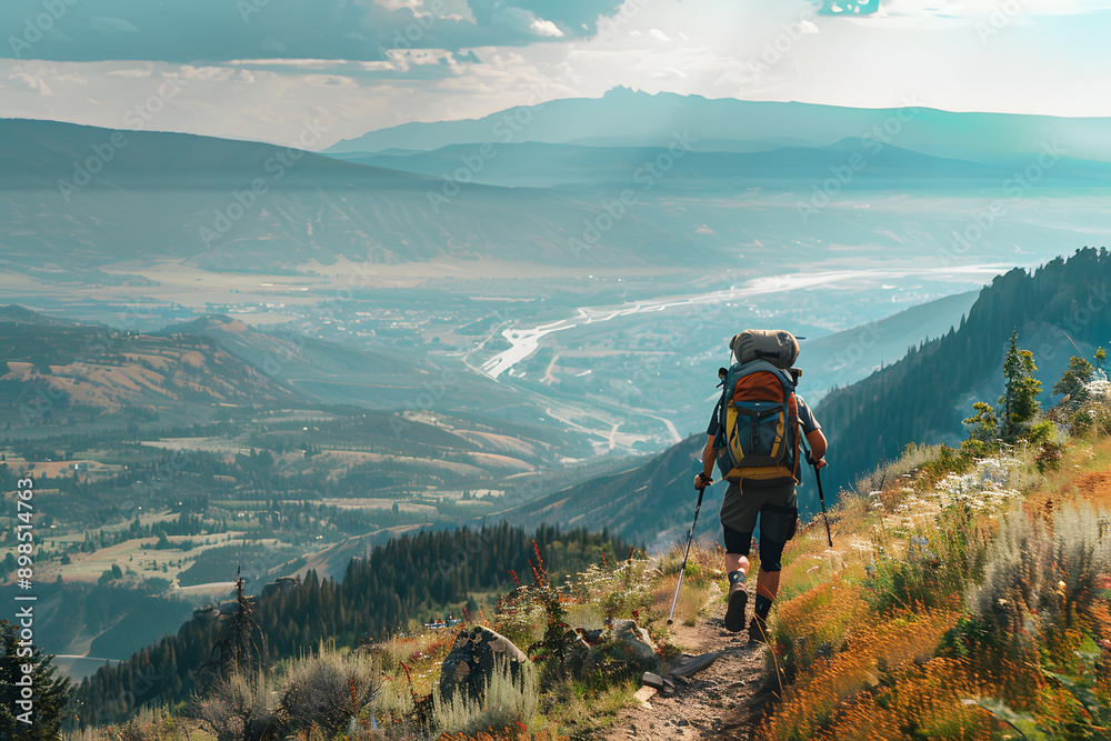 Fototapeta premium Adventurous Hiker with Backpack Trekking Through Stunning Mountain Landscape in Summer, Scenic Valley Below, Sunlit Path, Exploring Nature and Outdoors