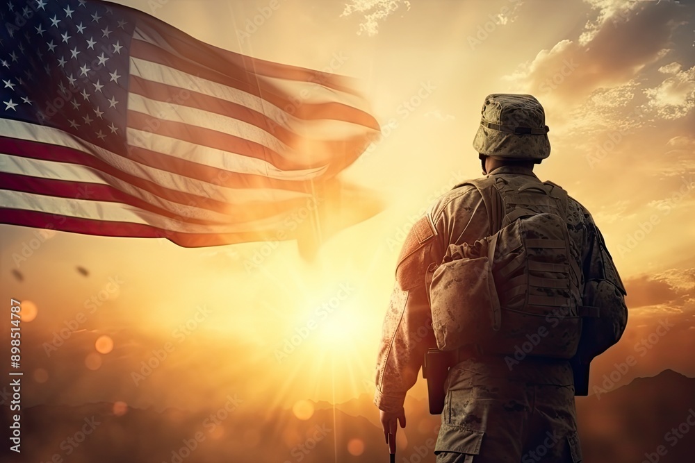A US Soldier Stands in Front of the American Flag With Sunlight Bokeh A US Soldier Stands in Front of the American Flag With Sunlight Bokeh