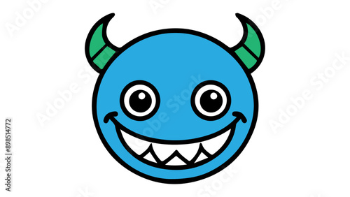 blue cartoon monster smiling with green horns in vector on white background