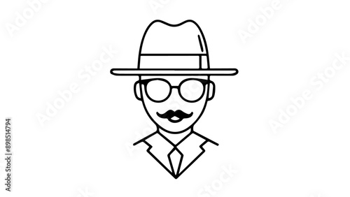 man with hat and suite with mustache outline simple vector illustration on white background