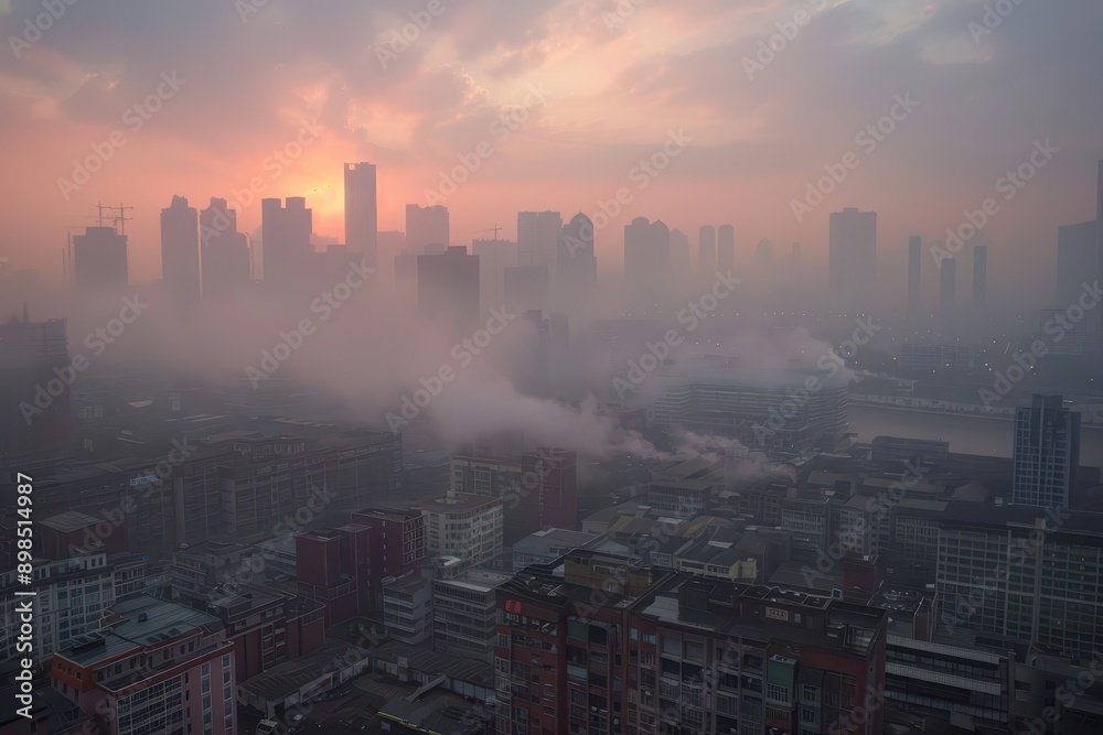 Fototapeta premium Blanketing Urban Impurities: City Skyline Enveloped in Air Pollution Haze