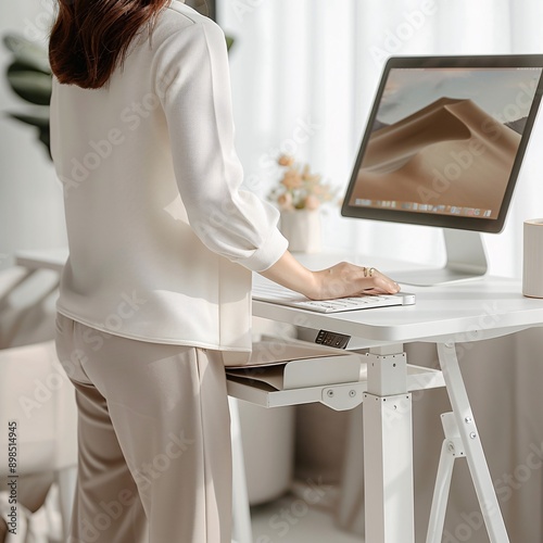 woman working on computer , standing , do some work on the computer , women are used standing desk in the home .