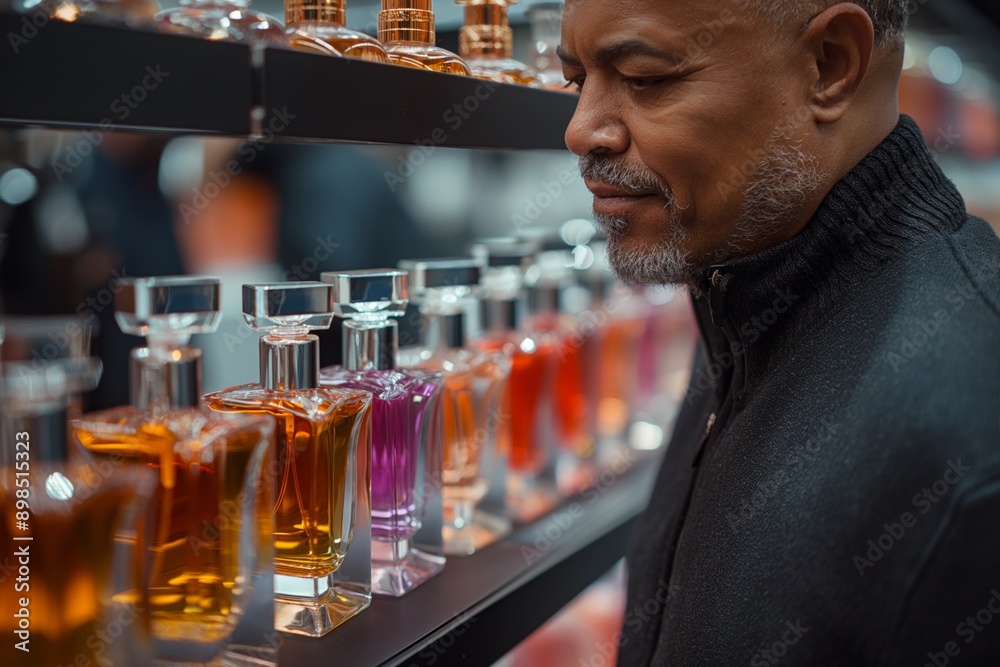 A man carefully inspects a variety of colorful perfume bottles in a store. A man carefully inspects a variety of colorful perfume bottles in a store.