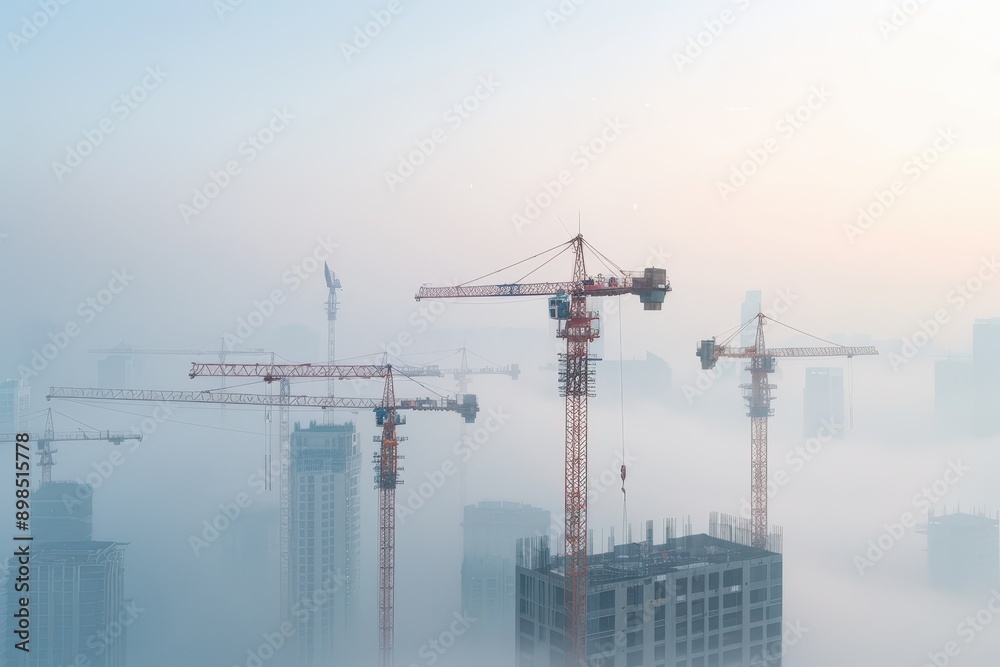 Hazy Urban Landscape: Construction Cranes Amid Smog and Pollution Hazy Urban Landscape: Construction Cranes Amid Smog and Pollution