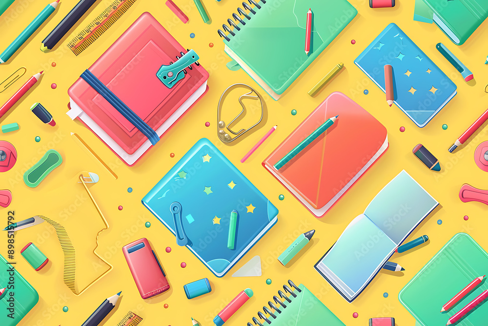 Illustration of backgrounds featuring various school supplies, such as books, pencils, rulers, and notebooks, creating an educational and vibrant theme. The background should be colorful and engaging, Illustration of backgrounds featuring various school supplies, such as books, pencils, rulers, and notebooks, creating an educational and vibrant theme. The background should be colorful and engaging,