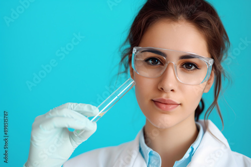 a woman wearing glasses and holding a test tube