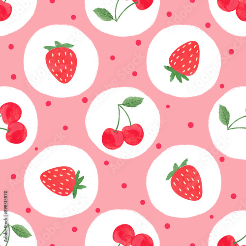 Seamless strawberry and cherry pattern. Vector dotted background with berries
