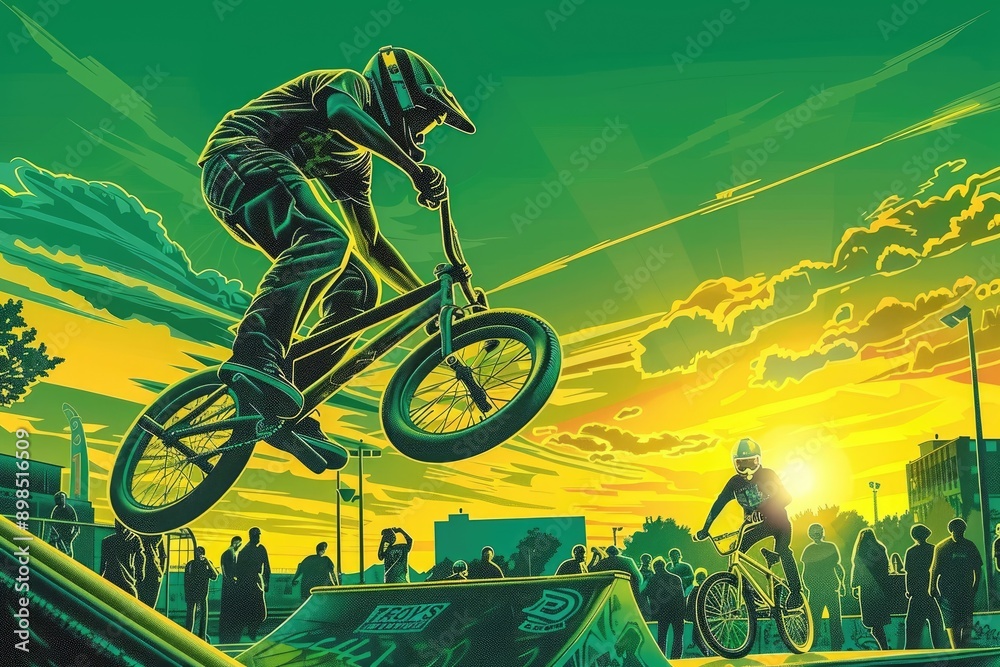 Naklejka premium BMX Rider Performing a Trick Over a Ramp at Sunset