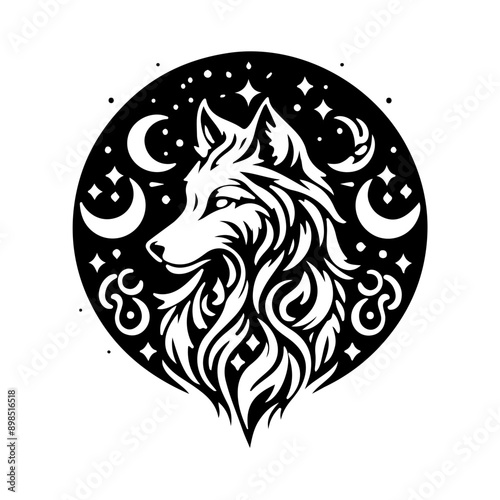 Mystical wolf, magical wolf, Magic Celestial Silhouette Tattoo design.