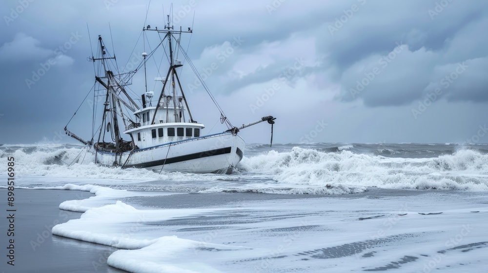 Obraz premium A white fishing boat navigates through rough waves with whitecaps in the foreground, with a cloudy sky in the background