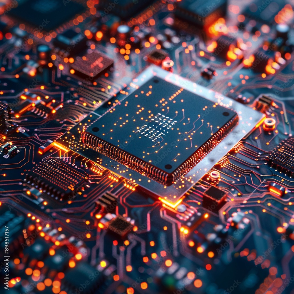 printed circuit board with processor , Close-up of an integrated microchip on a circuit board . printed circuit board with processor , Close-up of an integrated microchip on a circuit board .