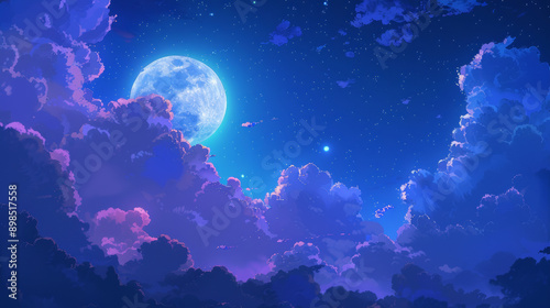 A gorgeous night sky shines with a full moon and puffy clouds in the pretty shades of blue, purple, and black.
