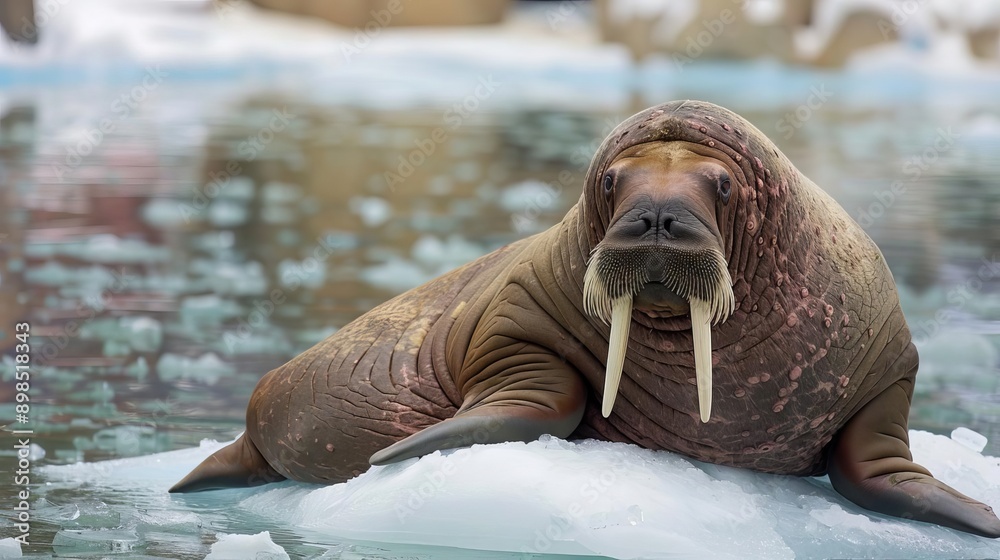 Fototapeta premium A walrus resting on a floating piece of ice, with its tusks prominently displayed and a serene, icy landscape in the background