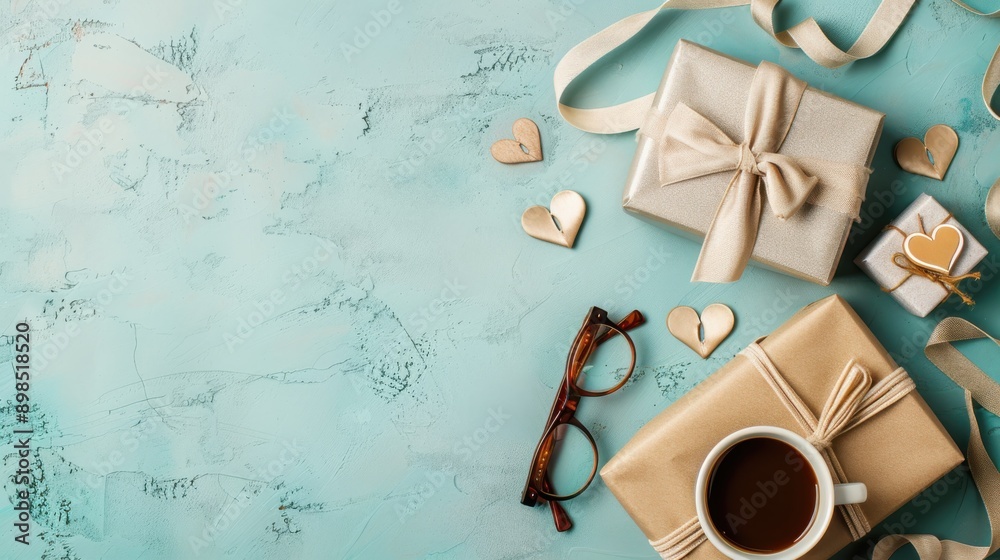 Elegant Father's Day Setup with Gift, Coffee, Beige Tie, and Heart Decorations Elegant Father's Day Setup with Gift, Coffee, Beige Tie, and Heart Decorations