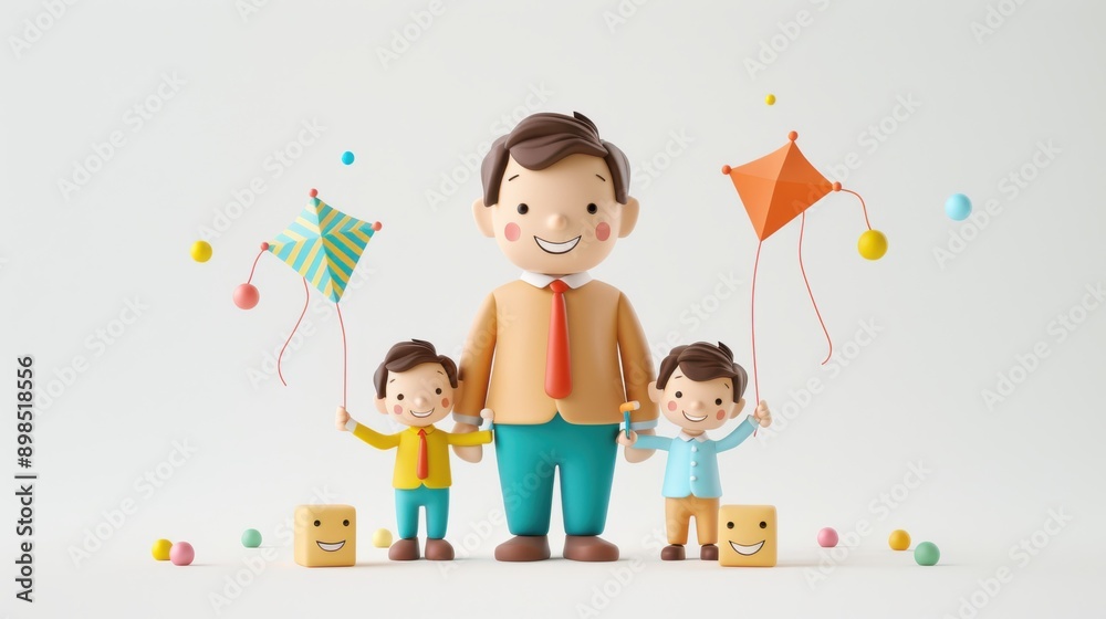 Cheerful Clay Father and Twin Boys Flying Kites in Kawaii Style 3D Rendering Cheerful Clay Father and Twin Boys Flying Kites in Kawaii Style 3D Rendering