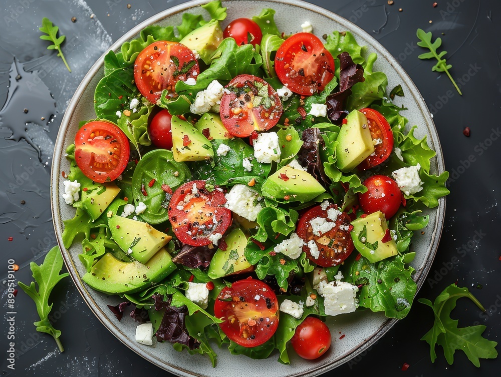 Fresh and Colorful Salad with Mixed Greens, Avocado, Cherry Tomatoes, and Feta Cheese on White Plate Fresh and Colorful Salad with Mixed Greens, Avocado, Cherry Tomatoes, and Feta Cheese on White Plate