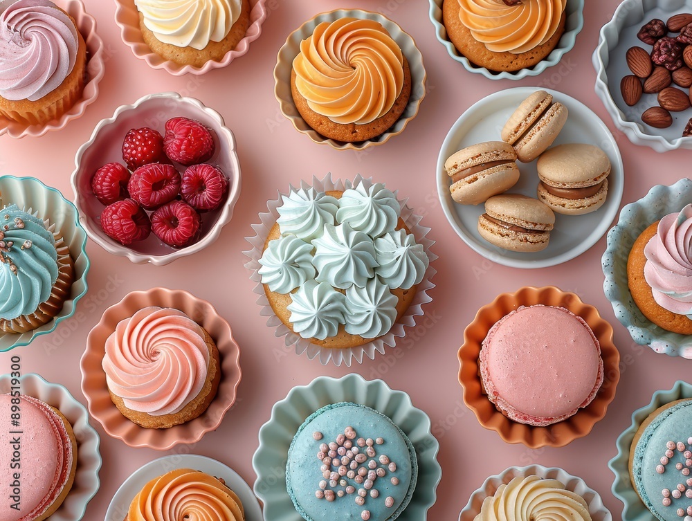 Decadent Dessert Delights: Colorful Cupcakes, Delicate Macarons, and Tasty Cookies on Elegant Display Table