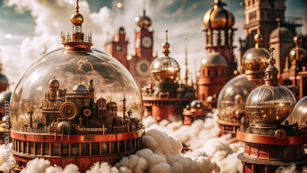 Obraz premium Steampunk Cityscape with Brass Gears and Enigmatic Rotunda in Bubble Town