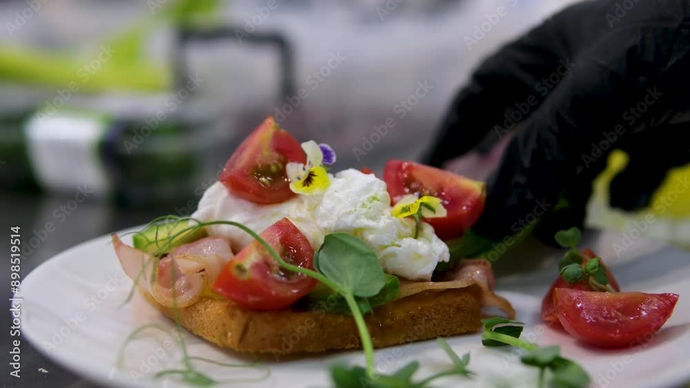 Man making vertical video, stories, photo for social media of delicious restaurant food on smartphone. Male influencer shoot clip, film, reels on phone camera of eggs benedict breakfast. Close-up. Man making vertical video, stories, photo for social media of delicious restaurant food on smartphone. Male influencer shoot clip, film, reels on phone camera of eggs benedict breakfast. Close-up.