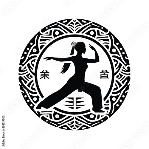 kungfu, Tai Chi  female player in ethnic polynesia pattern illustration, emblem shield badge