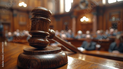 Wooden gavel resting on sound block with blurred courtroom and jury in background