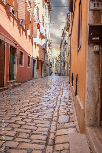 Old historical dreamy streets. Beautiful houses and businesses in a romantic tourist location. Beautifully landscaped streets and small squares in Rovinj, Istria, Croatia