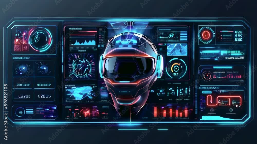 Advanced HUD control center for augmented reality. Graphic dashboard with head-up display and futuristic user interface. Mockups of virtual reality game screens.