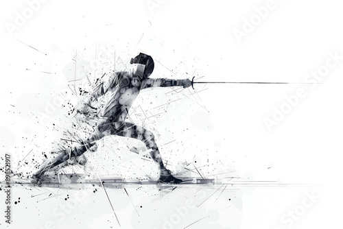 Fototapeta Naklejka Na Ścianę i Meble -  A Fencing Master's Stroke: A Black And White Abstract Representation of a Fencer's Power