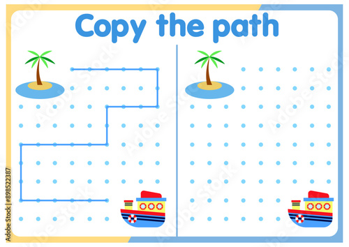 activities for children. Copy the path. Logic games for children. Vector illustration. The book is square format. trucks. cars. ships.