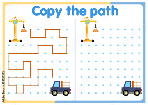 activities for children. Copy the path. Logic games for children. Vector illustration. The book is square format. trucks. cars. ships.