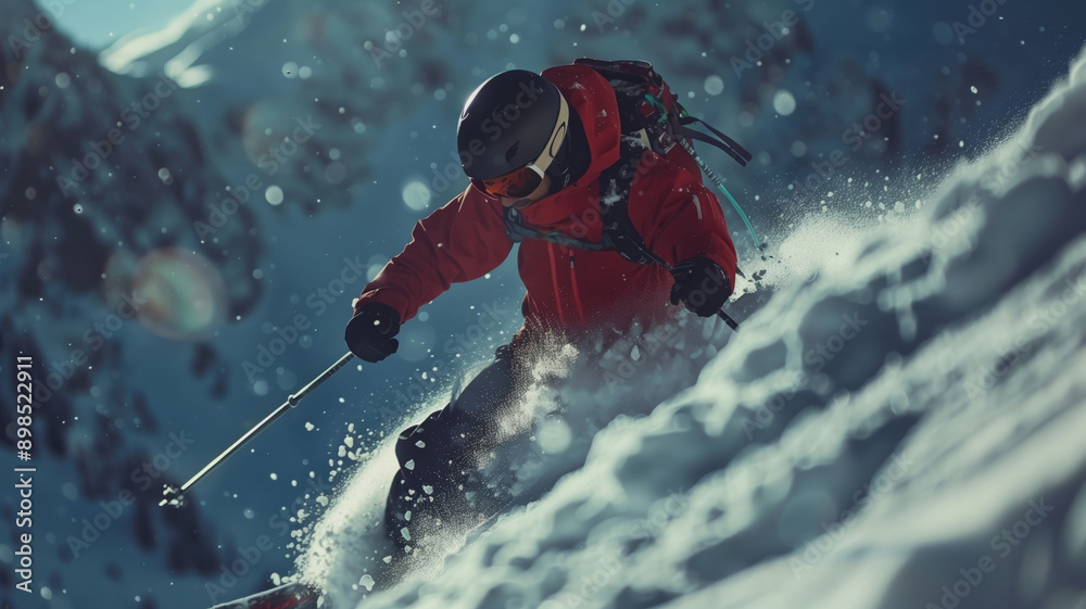 A Dash of Red in the Snowy Wilderness: A Skier's Graceful Descent A Dash of Red in the Snowy Wilderness: A Skier's Graceful Descent