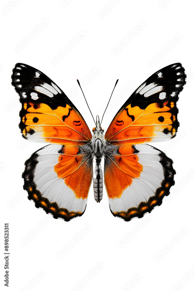 Butterfly in mid-flap on pure white background, showcasing vibrant colors and intricate wing patterns. Butterfly in mid-flap on pure white background, showcasing vibrant colors and intricate wing patterns.