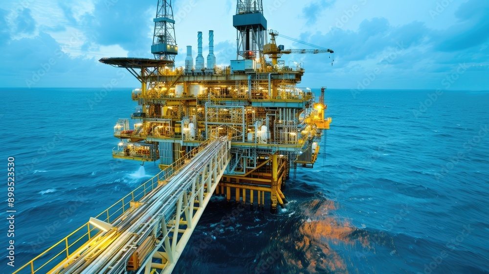 A large offshore oil rig is illuminated against a dark, stormy sky. The rig is lit up, with the lights reflecting on the calm water below A large offshore oil rig is illuminated against a dark, stormy sky. The rig is lit up, with the lights reflecting on the calm water below