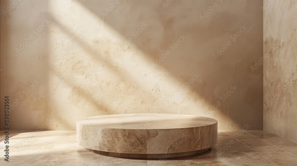 A round pedestal with a light shining on it A round pedestal with a light shining on it