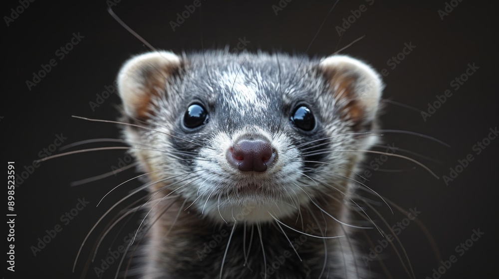 Ferret is posing curiously with wide eyes and perked ears on a dark background Ferret is posing curiously with wide eyes and perked ears on a dark background