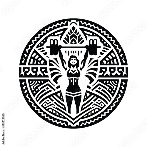 Bench press, weight lifting female player in ethnic polynesia pattern illustration, emblem shield badge