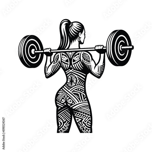 Bench press, weight lifting   female player in ethnic polynesia pattern illustration, emblem shield badge