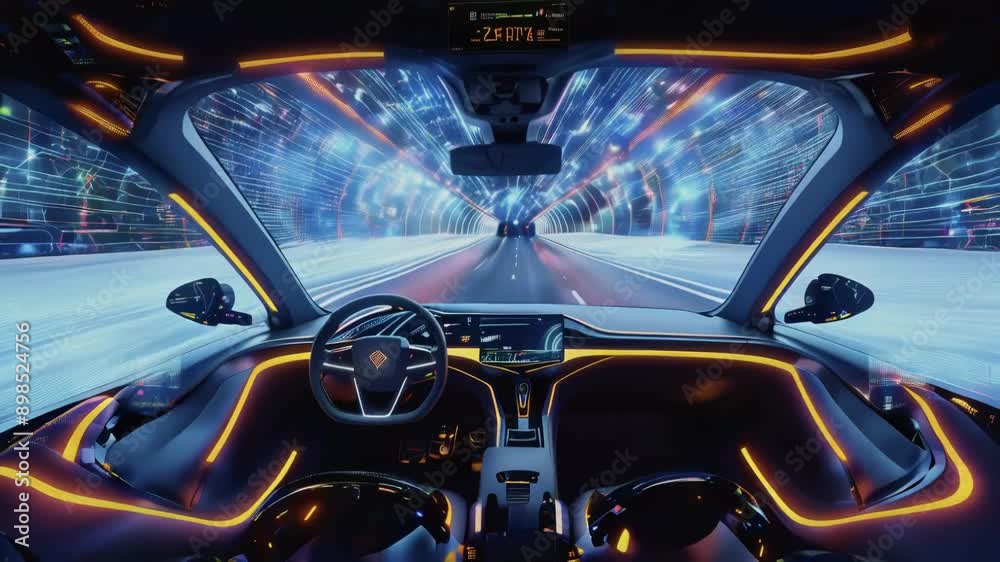 Autonomous self-driving car with HUD elements driving through a tunnel, scanning the surrounding cars with a sensor. Concept of the smart transit of the future. 4K.