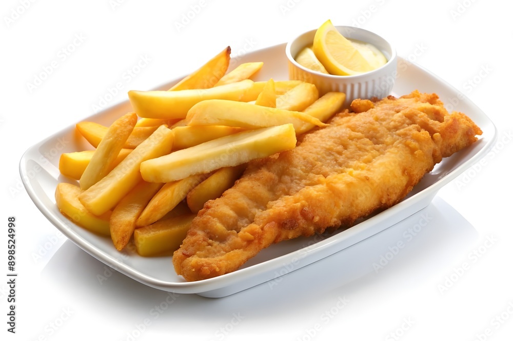Fish and Chips british fast food Fish Sticks with french fries set on takeaway paper plate ON WHITE BACKGROUND Fish and Chips british fast food Fish Sticks with french fries set on takeaway paper plate ON WHITE BACKGROUND