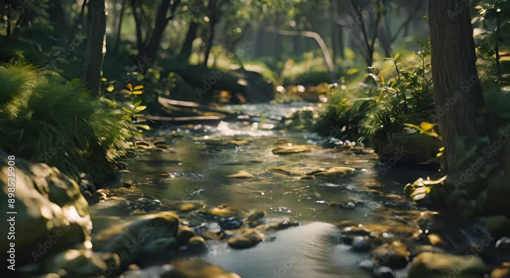A stream of water flows through a forest, with sunlight reflecting off the water and creating a peaceful, serene atmosphere A stream of water flows through a forest, with sunlight reflecting off the water and creating a peaceful, serene atmosphere