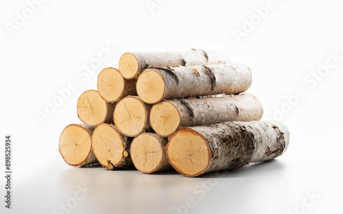 Stack of birch firewood on a white background isolate. Material for lighting a fire, close-up